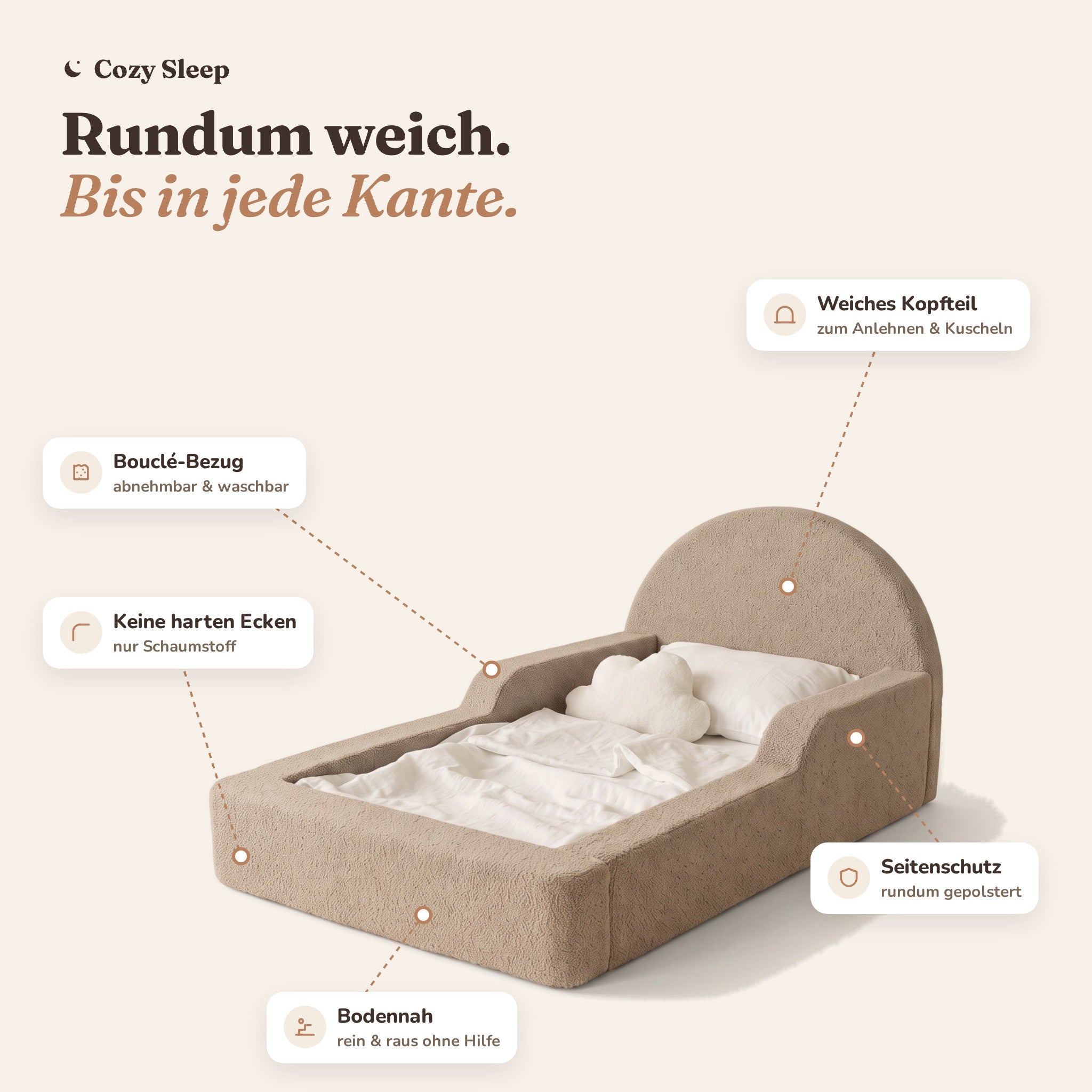 Montessori-Bodenbett aus Schaumstoff – Bouclé Beige
