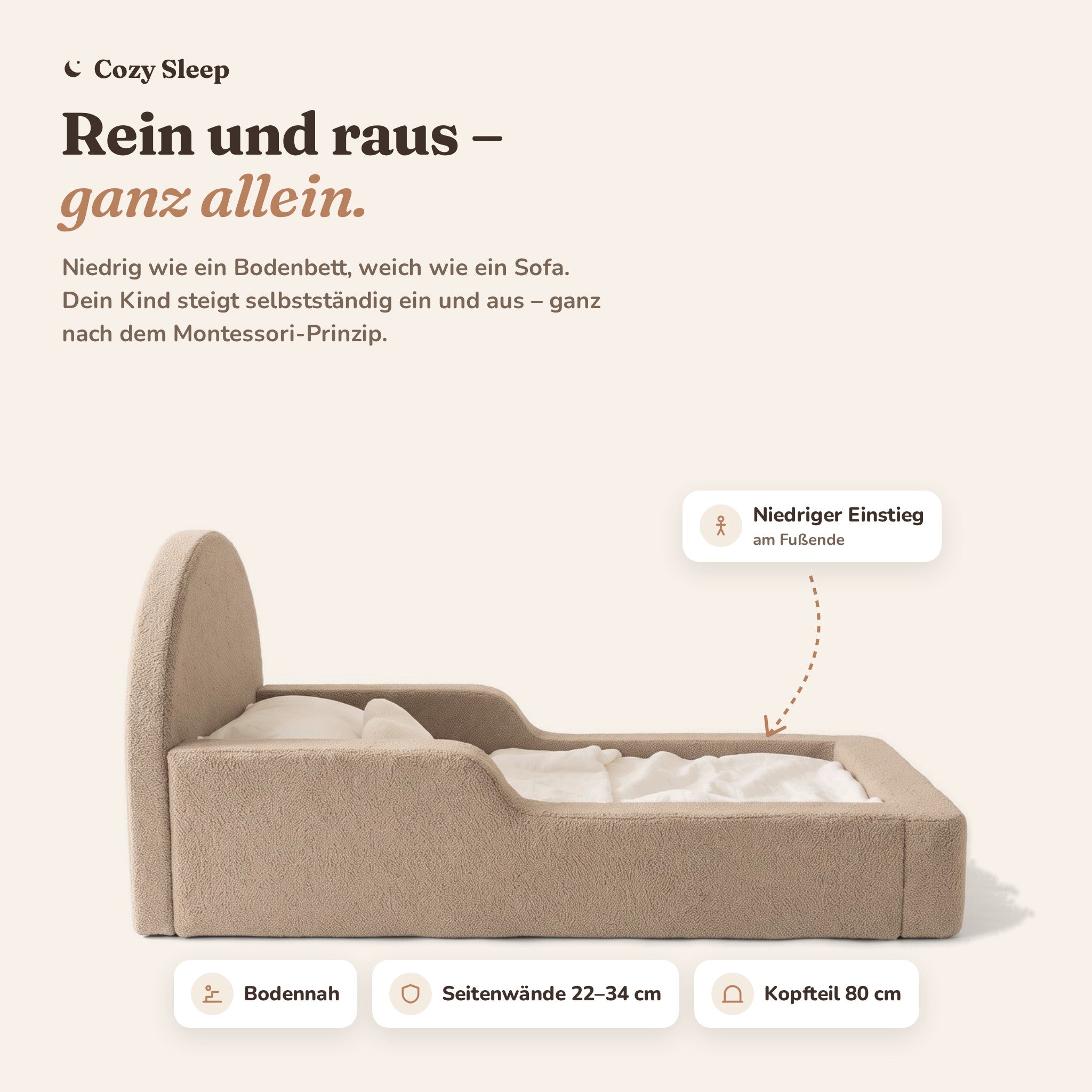 Montessori-Bodenbett aus Schaumstoff – Bouclé Beige
