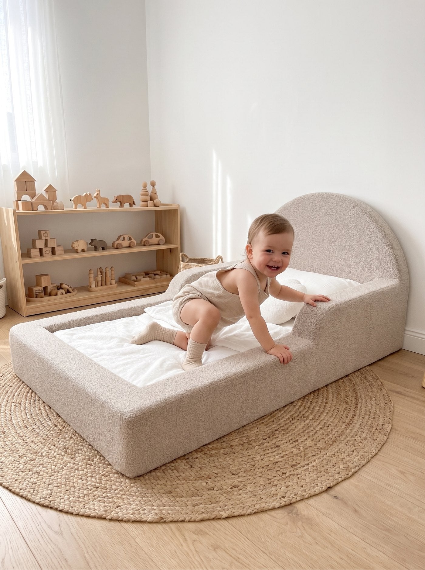 Kleinkind klettert selbst ins Bodenbett