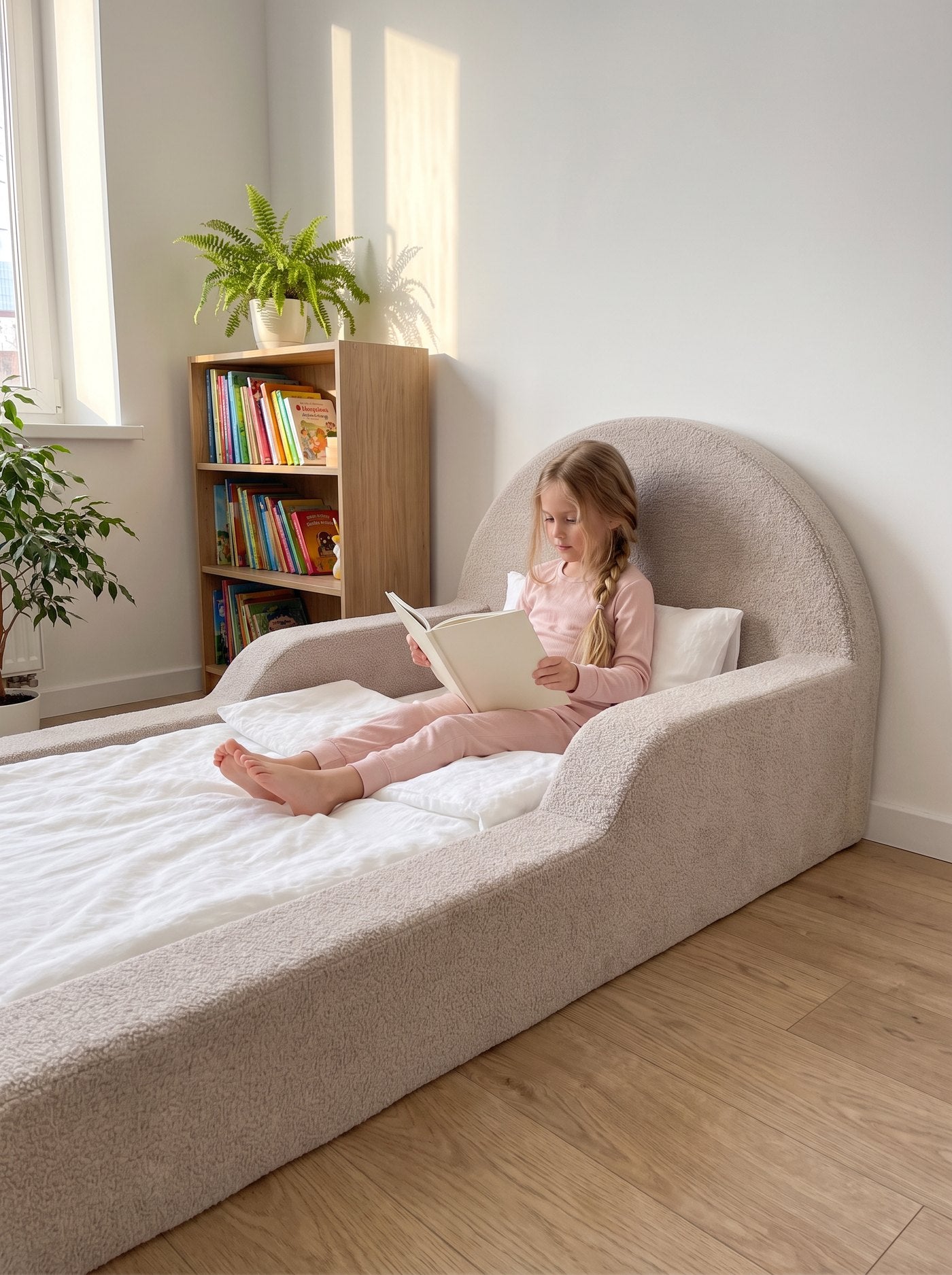 Schulkind liest im großen Bodenbett
