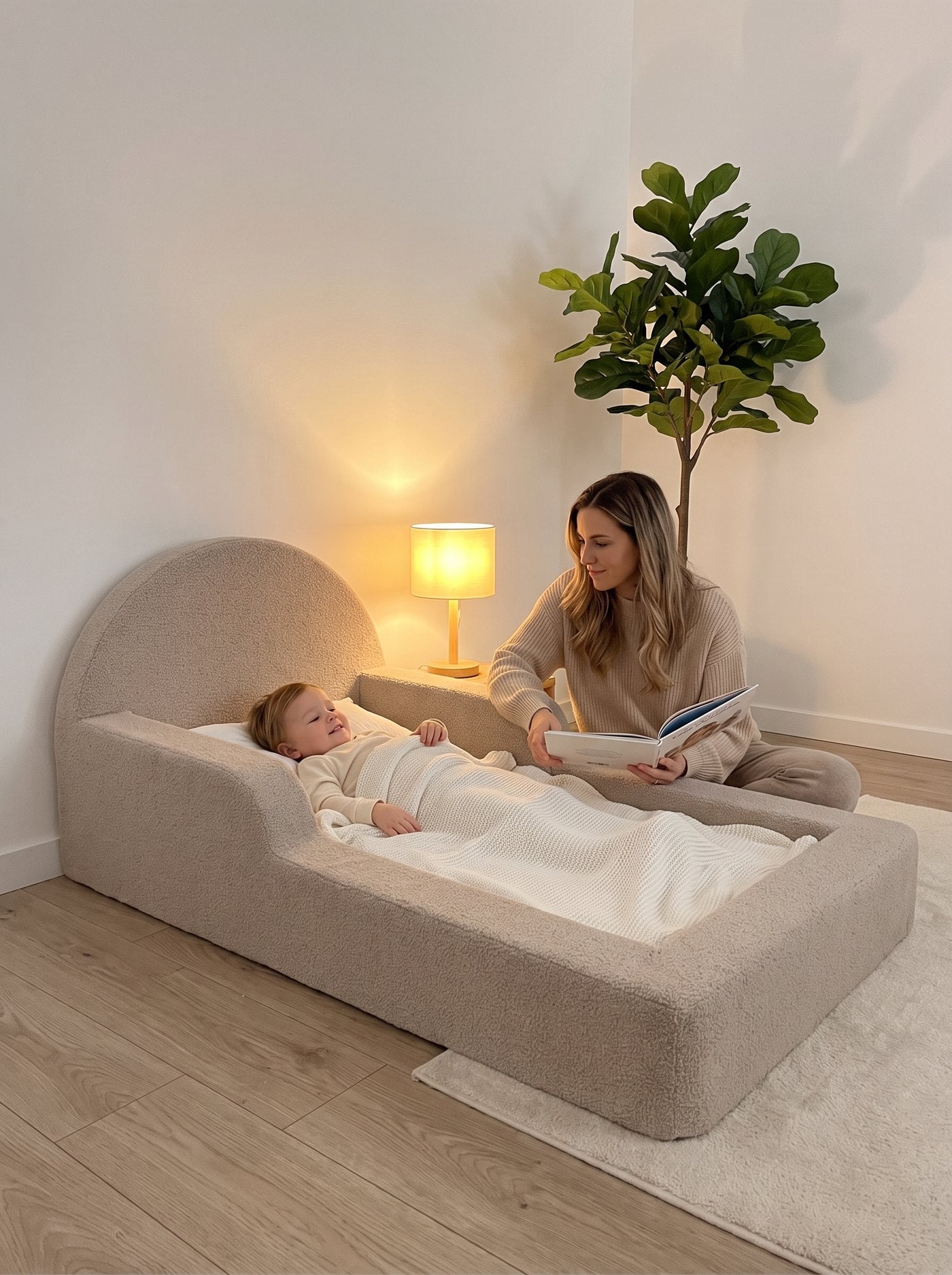 Mutter liest ihrem Kind im Bodenbett vor