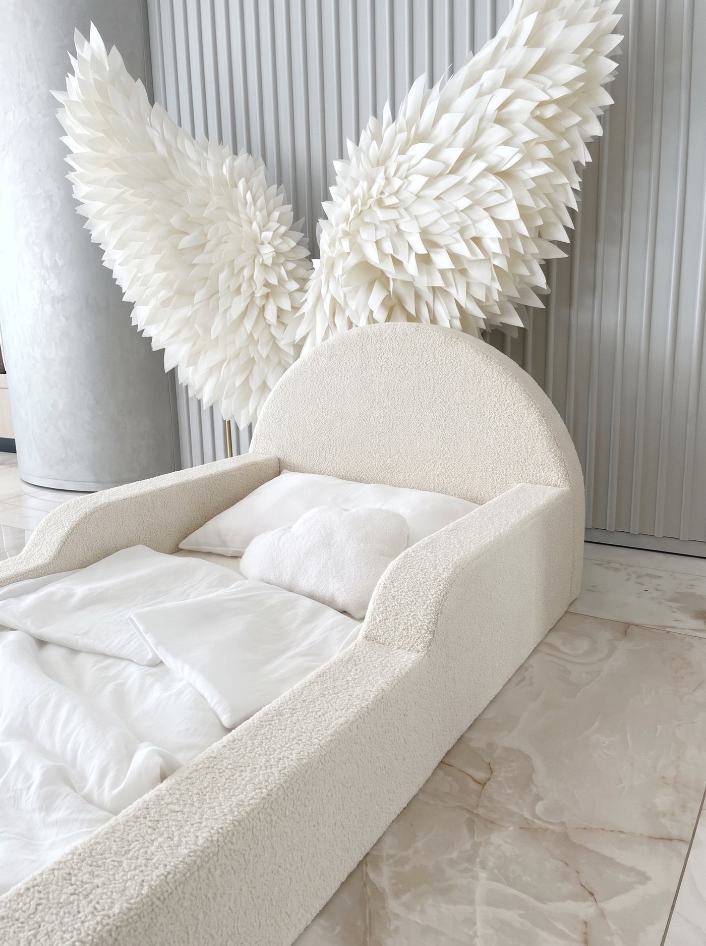Montessori-Bodenbett aus Schaumstoff – Bouclé Weiß