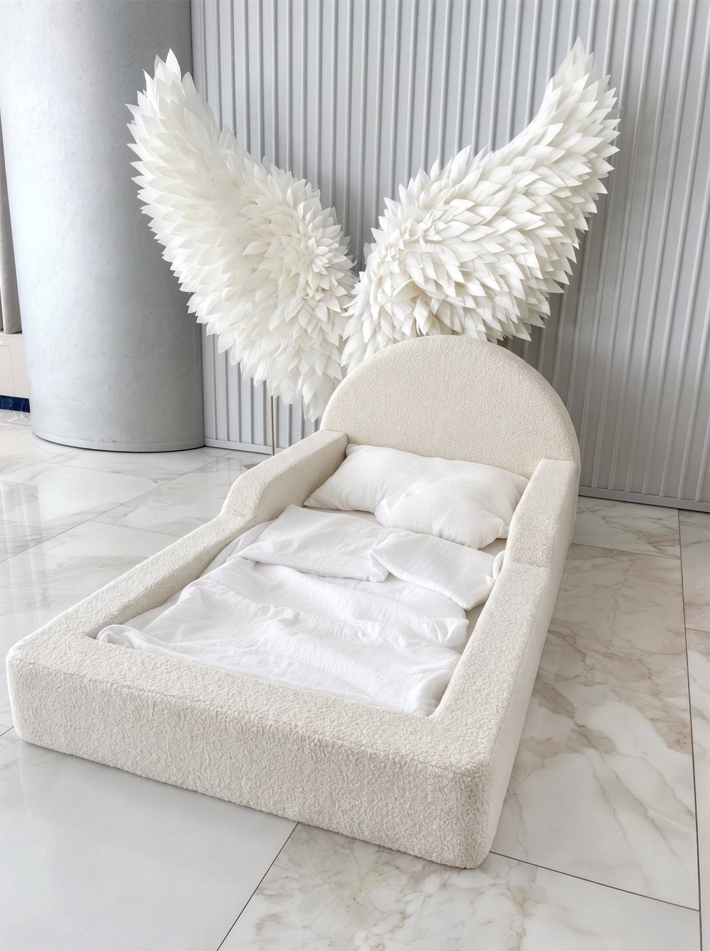 Montessori-Bodenbett aus Schaumstoff – Bouclé Weiß