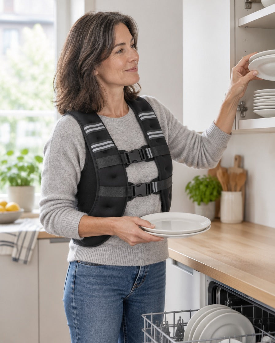 Walk-Weste über dem Pullover in der Küche