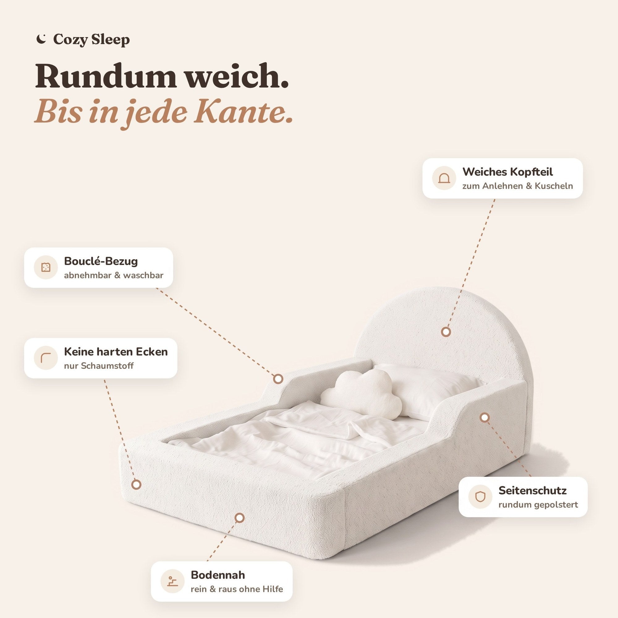 Montessori-Bodenbett aus Schaumstoff – Bouclé Weiß