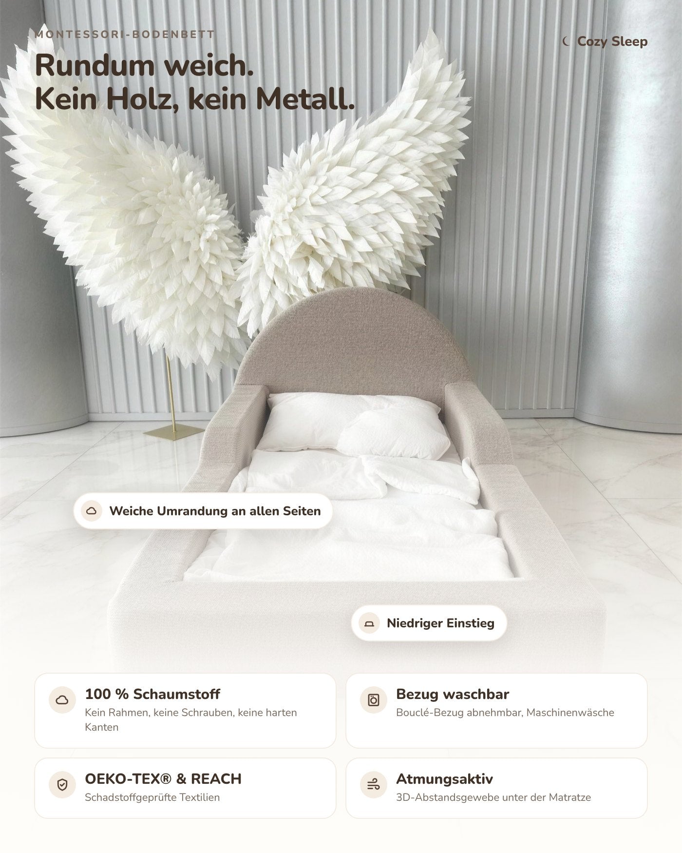 Montessori-Bodenbett aus Schaumstoff – Bouclé Beige